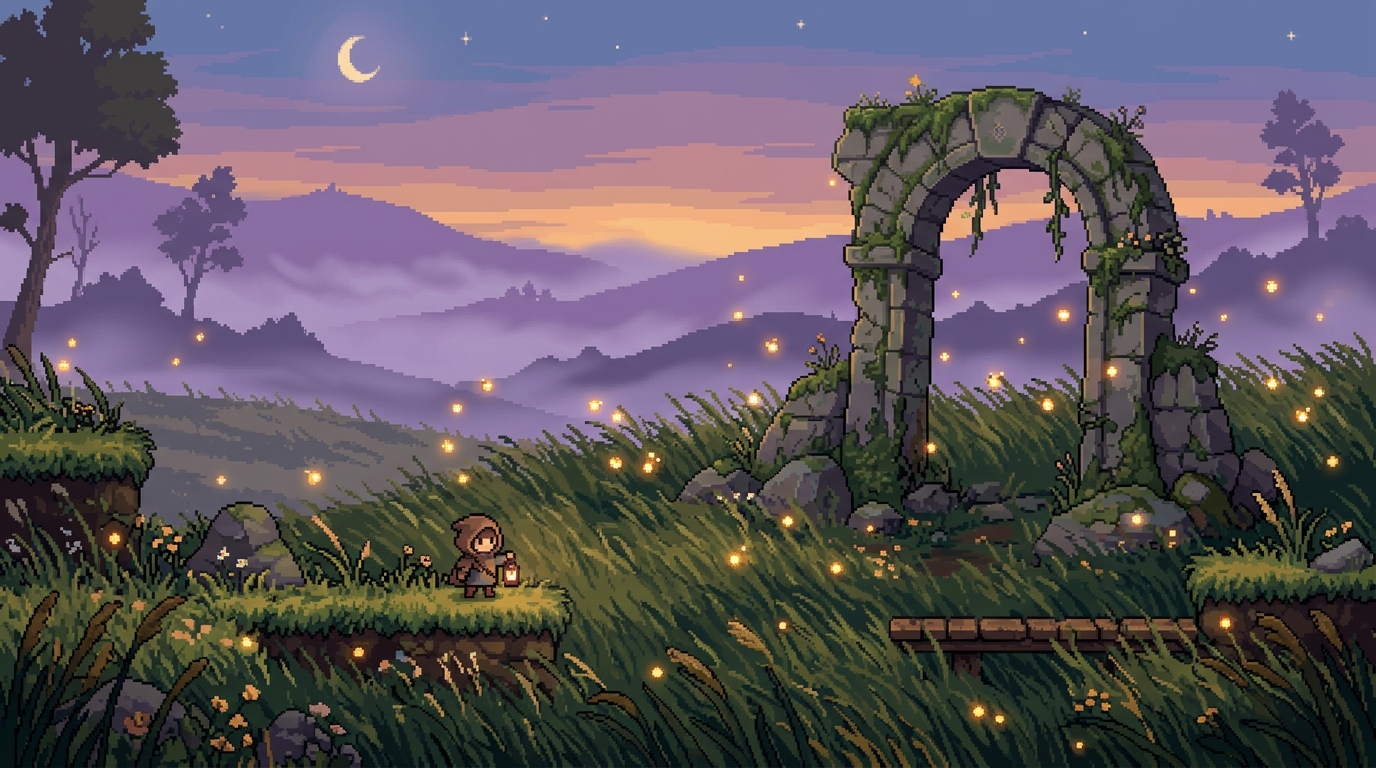 Mistvale Meadow — fireflies and ruins